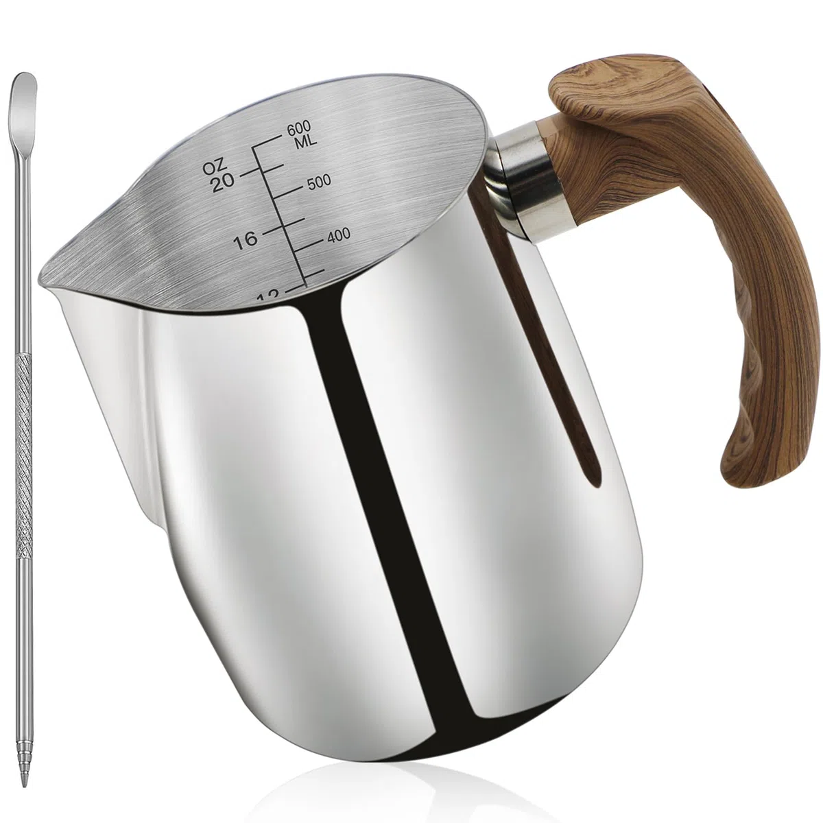 Jarra de acero inoxidable para espumar leche – 20 onzas (600 ml), jarra de vapor espresso con mango antiquemaduras para café, capuchino, arte con leche