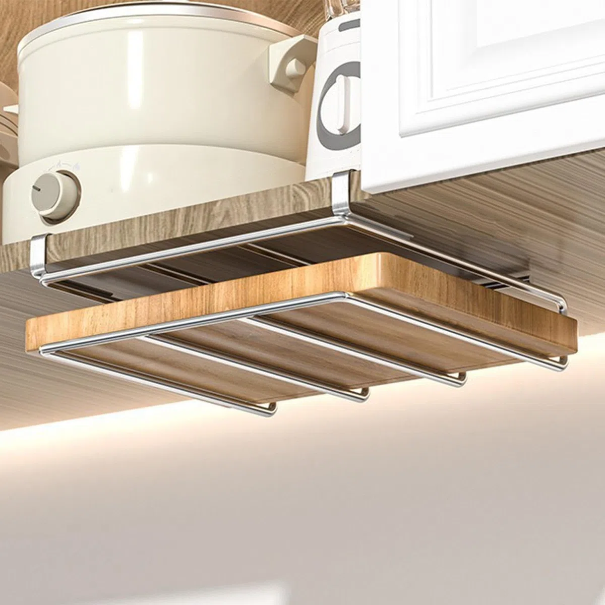 Soporte para tabla de cortar debajo del gabinete, soporte para tabla de cortar debajo del gabinete, soporte multifuncional para tabla de cortar con gancho para puerta de armario, utensilios de cocina