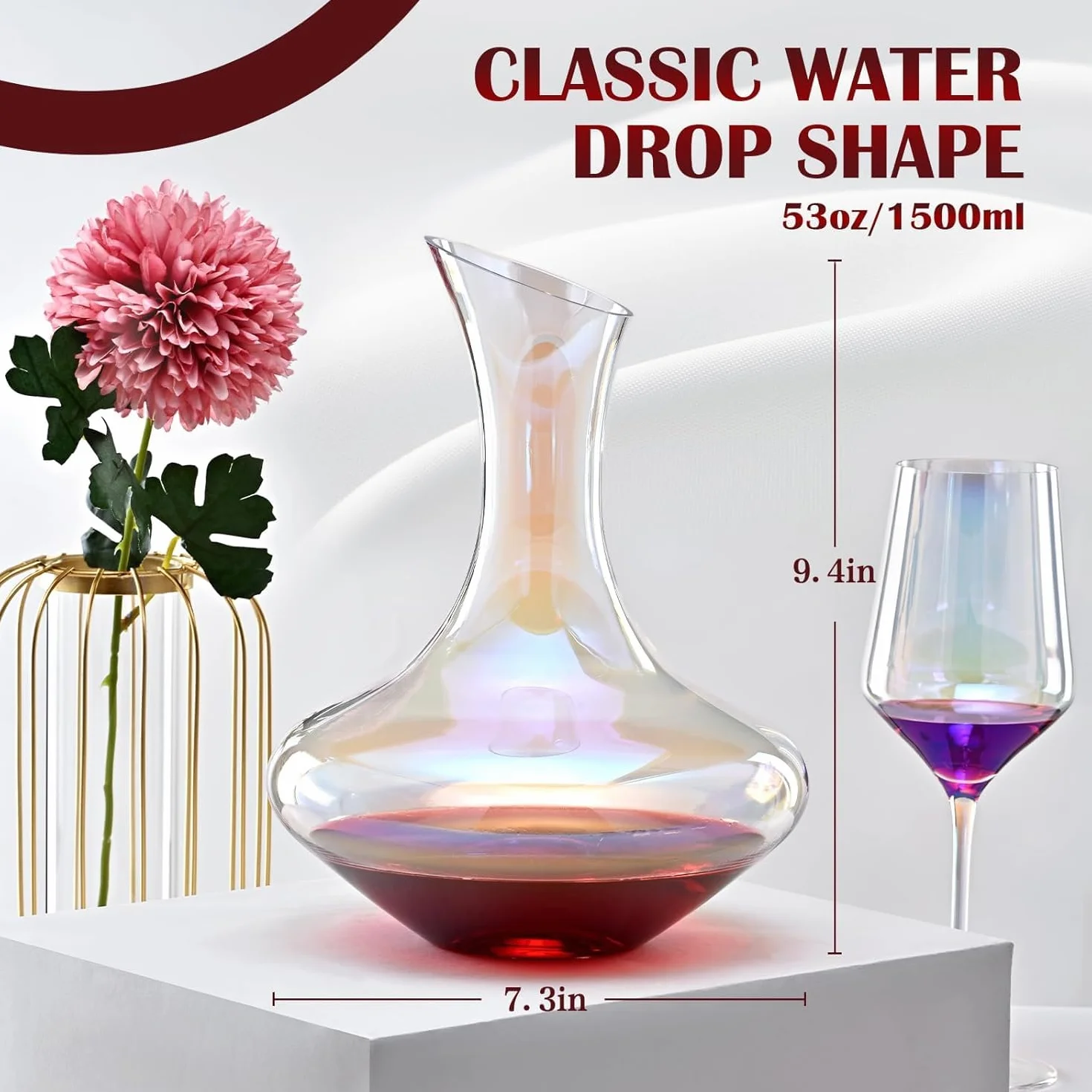 esmen Decantador de Vino Iridiscente de 1200 ml, Decantador de Jarra de Vino soplado a Mano, Accesorio de aireador de Vino de Cristal para Amantes del Vino Jarra para Vino