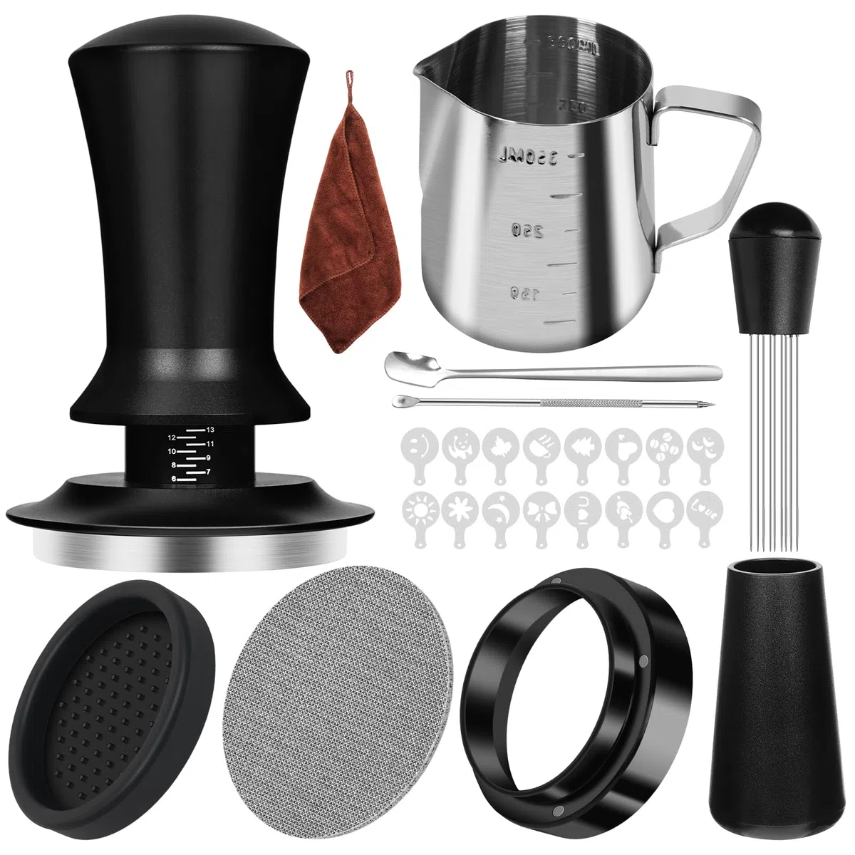Y-Step Juego de prensador de café de 51 mm, 25 piezas con anillo dosificador de 51 mm, pantalla de 51 mm, paño barista, herramienta WDT, agitador de café, tapete, juego de arte latte, jarra de