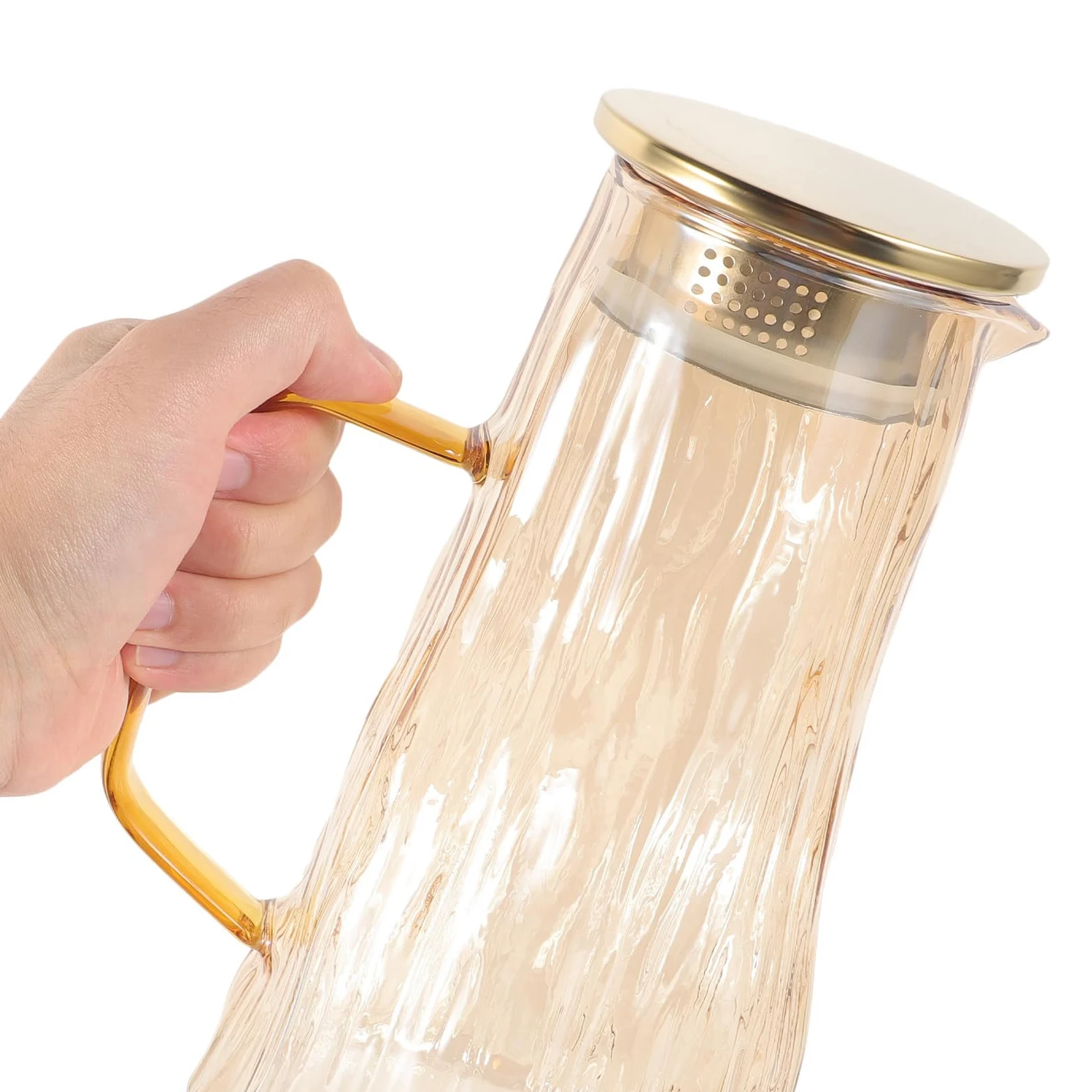 Jarra de Agua de Vidrio Grueso Resistente al Calor y Frío, Jarra para Té Helado Infusor de Frutas, Capacidad Mediana, Color Dorado, Adecuado para Jugos y Bebidas Infusionadas