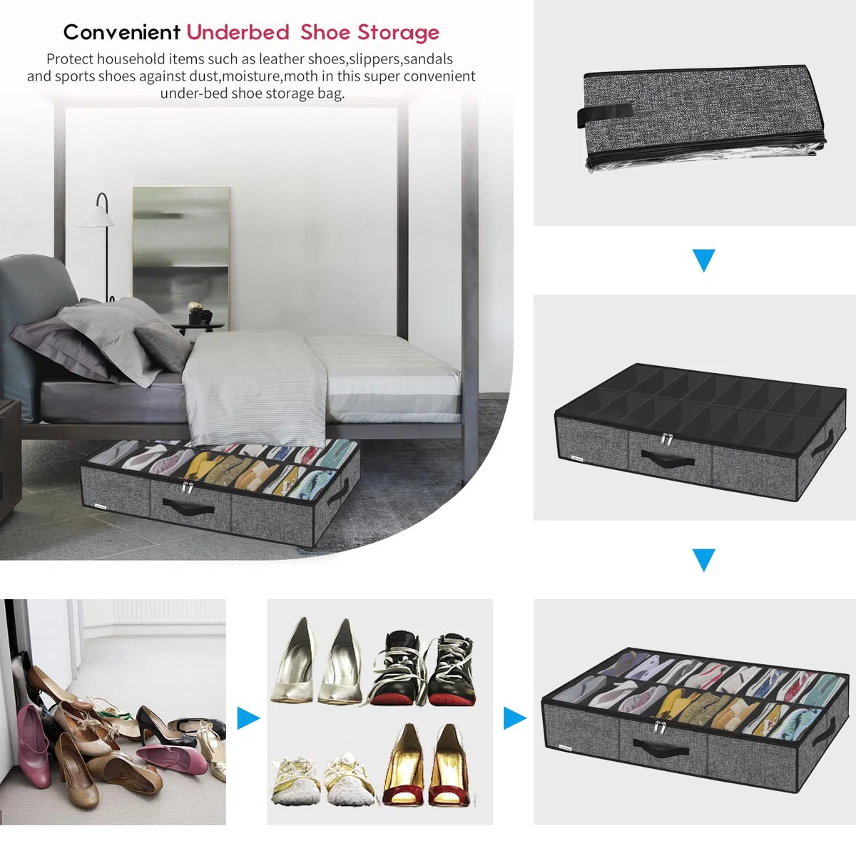 Onlyeasy MXBUBS16P2 - Organizador resistente, almacenamiento zapatos, bajo la cama, asas y ventana transparente, 16-32 pares, plegable, alta calidad, armario, 96 x 60 x 15 cm, negro, similar algodón