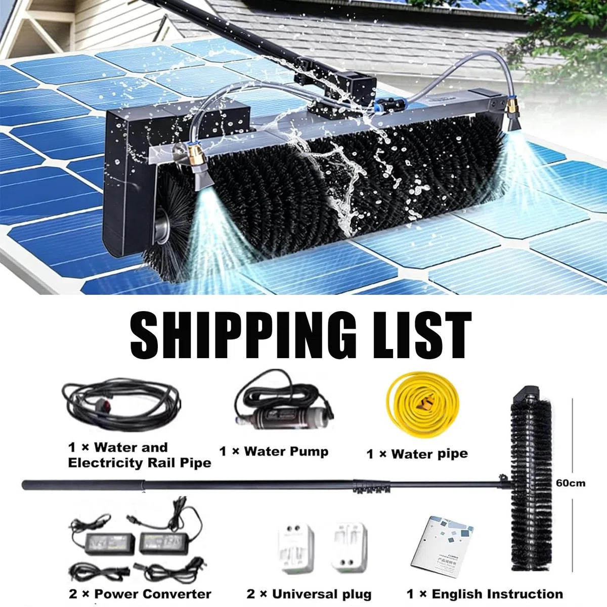 Palo Telescópico para Limpieza de Paneles Solares – 350rpm, Cepillo rotativo 60cm, 10m alimentación+Agua, asta Aluminio, Nylon HD – para Placas fotovoltaicas 7.5m-Oneset