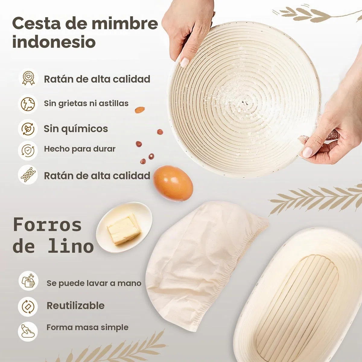 Cesta de Fermentación para Pan, Banetones para Pan, 23cm Ovalada + 25cm Redondo, 10 Piezas Kit Completo de Panadero, con Batidor de Masa, Raspador de Masa y Cepillo, Accesorios para Hornear