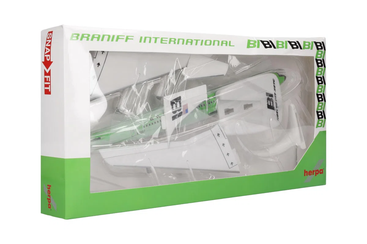 Herpa Miniatura del avión Braniff International Boeing 707-320 - Snap-Fit, Escala 1/144, Modelo prefabricado, maqueta de colección, modelismo, avión con Soporte, Figura plástico