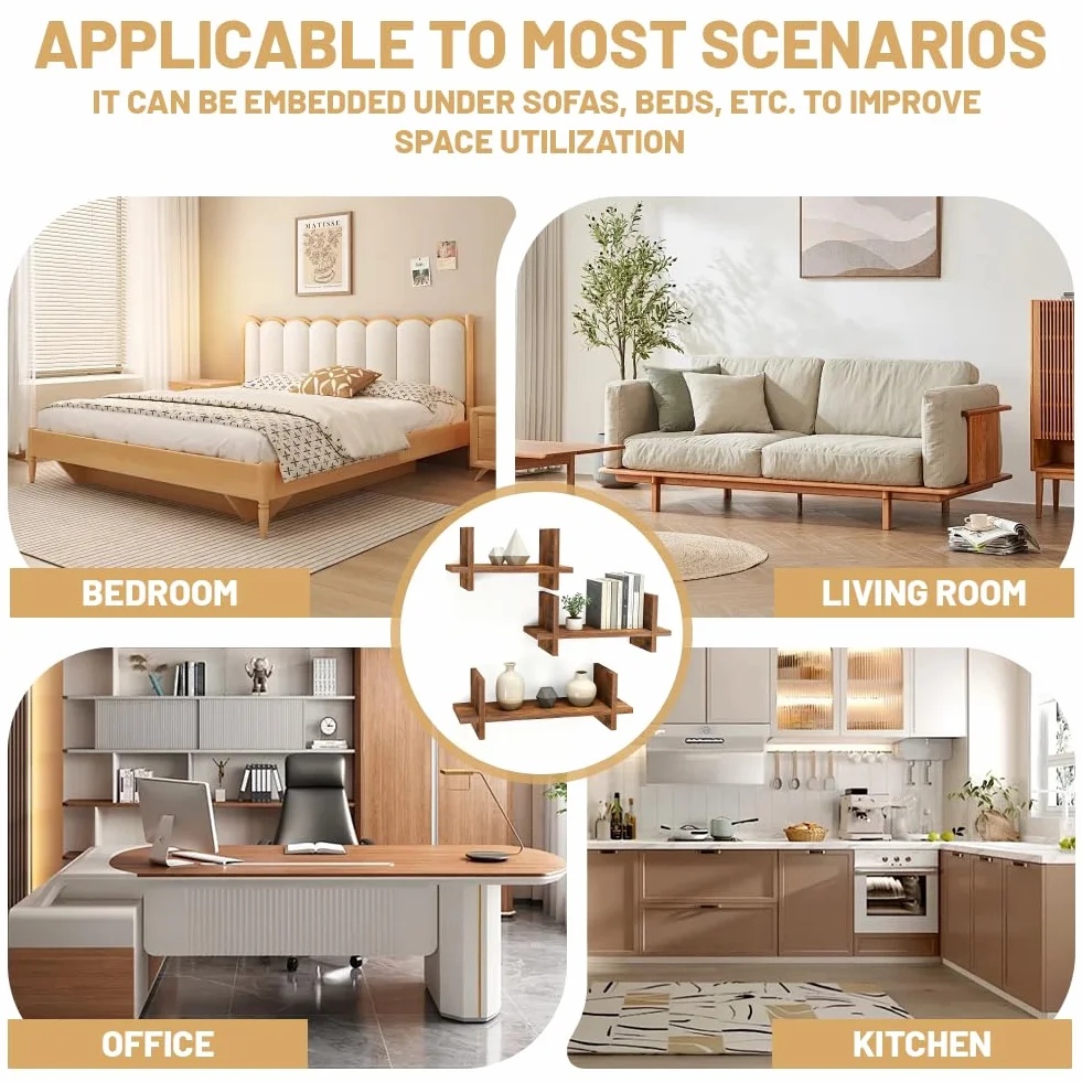 Juego de 3 estanterías de pared de madera, de madera maciza, estantería flotante en diseño industrial, estantes colgantes para fotos, libros y decoración, para salón, dormitorio, cocina