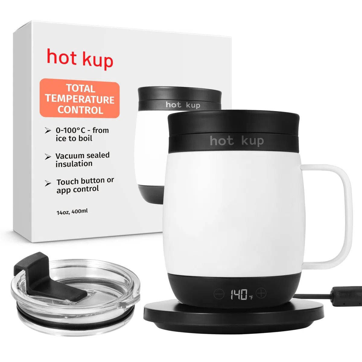 Hot Kup - Taza inteligente autocalentable con base eléctrica portátil opcional, Calentar y Preparar Bebidas Calientes - Control Total de Temperatura para Café, Calentar leche y Purificar agua - Blanco