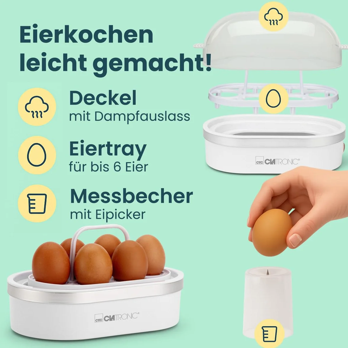 Clatronic EK 3497 - Cuece huevos, para 6 huevos cocidos, 400 W, color blanco