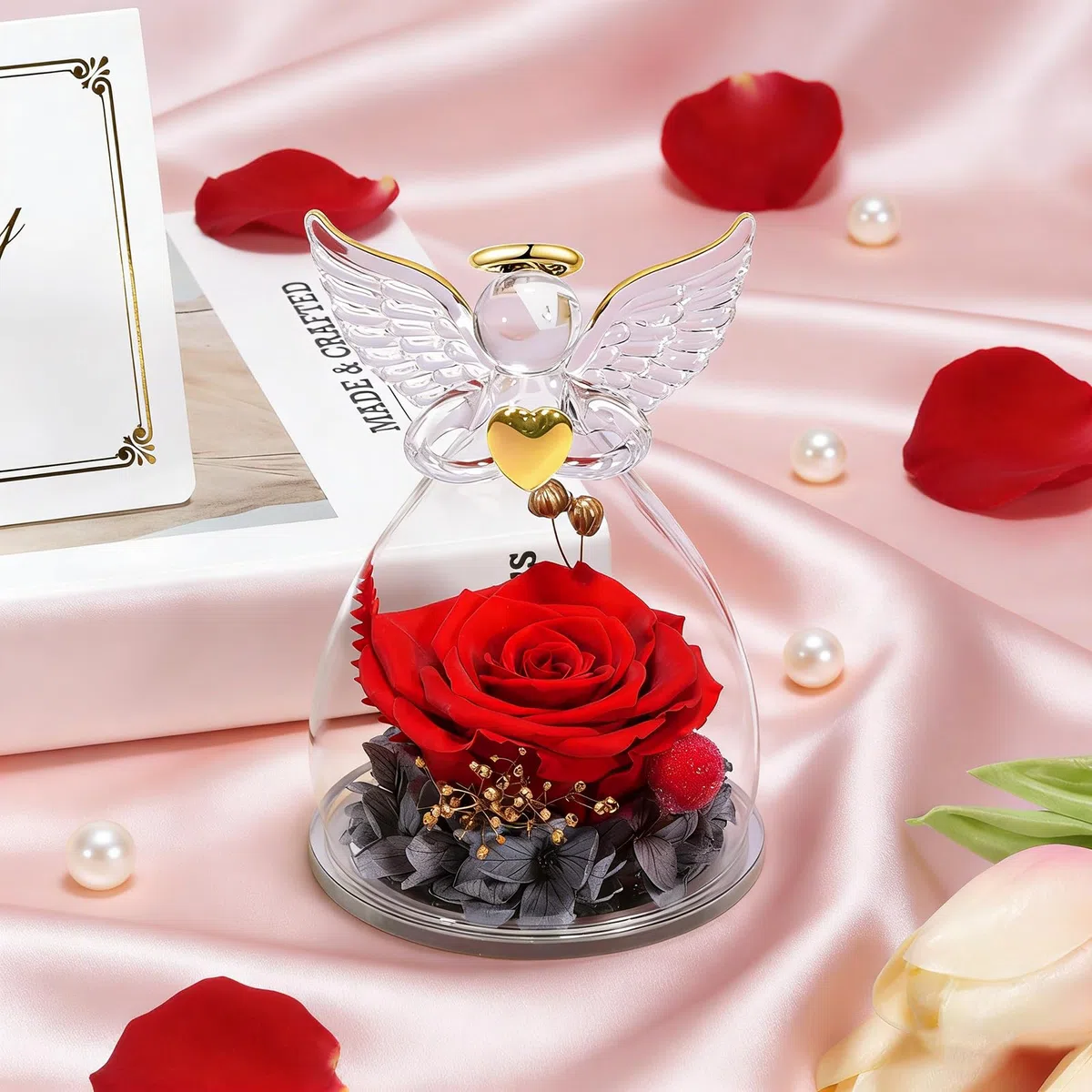 Yamonic Rosa Eterna Regalo Mujer,Rosa Eterna Natural Preservada con Figura Ángel Regalo para Mama, Flores Preservadas Regalos Cumpleaños Mujer Abuela,Regalos Originales Navidad Dia de la Madre