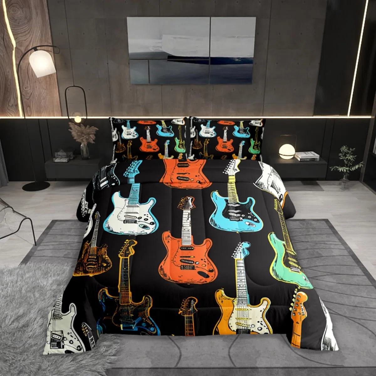 Castle Fairy Juego de ropa de cama de guitarra colorida, tamaño matrimonial, edredón de instrumentos musicales para niños, adolescentes, amantes de la música, bajo rock, edredón de plumón, estilo