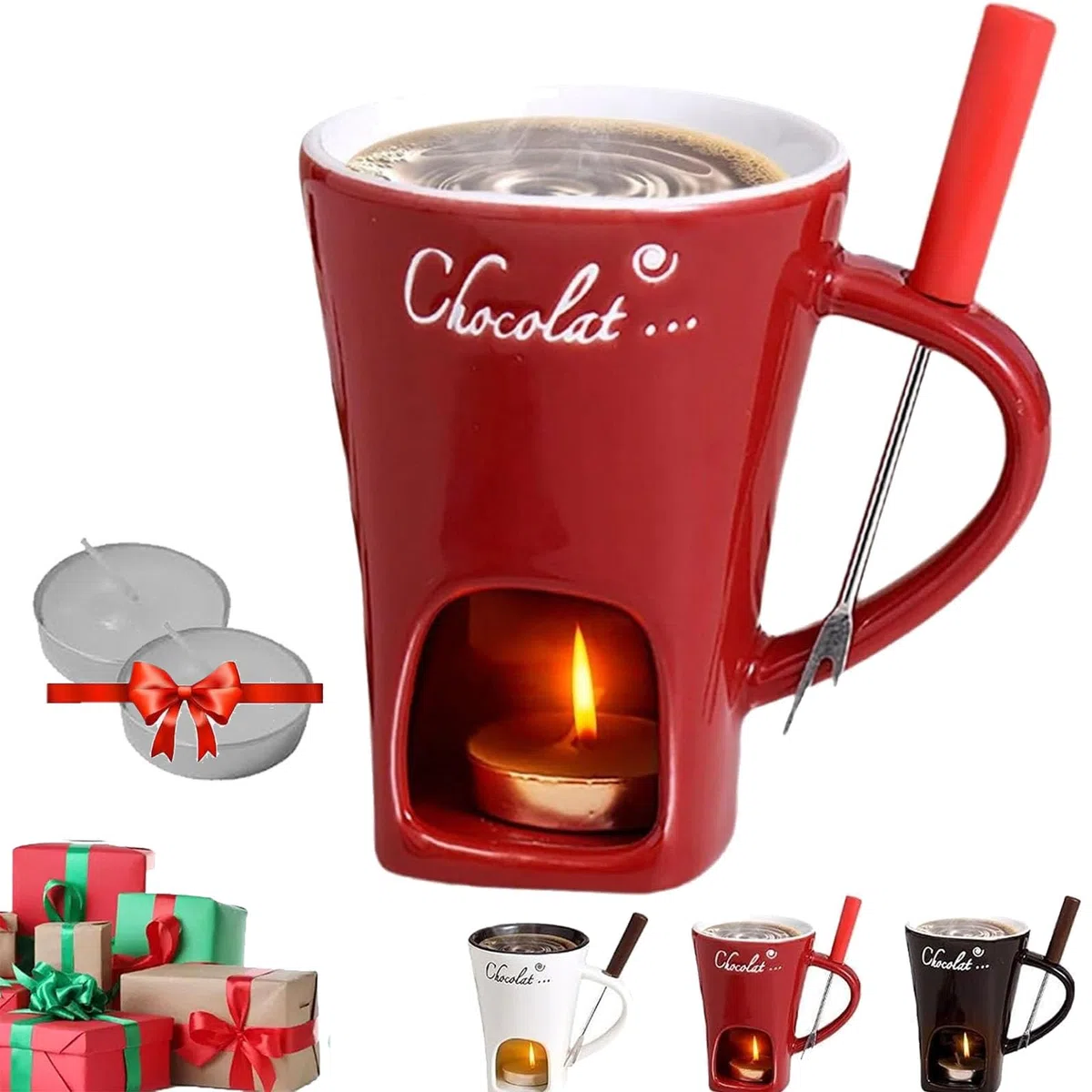 Tazas de fondue con luz de té, taza de fondue, juego de fondue de chocolate, taza de fondue de chocolate con tenedor, taza de fondue de chocolate para queso, caramelo, regalos de cumpleaños y boda