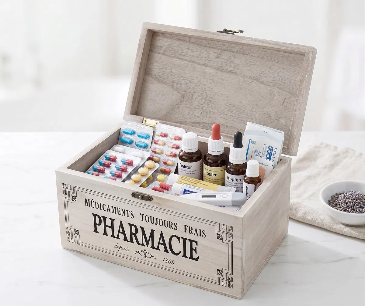 khevga - Caja con Tapa de Madera y decoración con Motivos de Farmacia (23 x 13 x 13 cm)