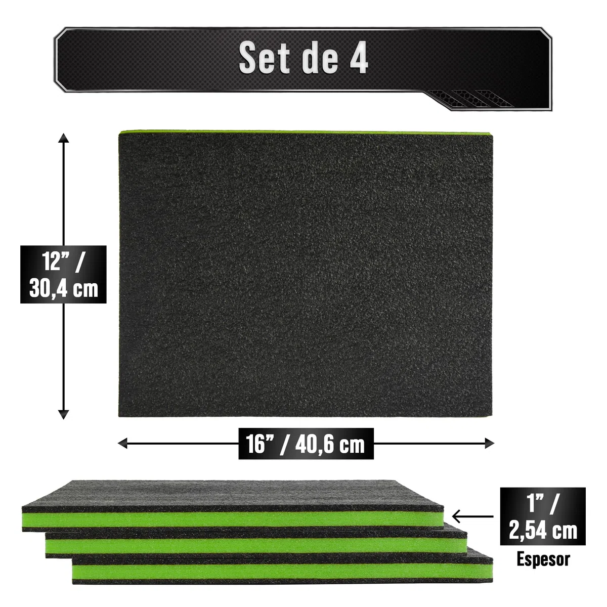 Precision Defined Espuma para Caja de Herramientas - Insertos de Espuma para Cajas, Shadow, para Herramientas - Negro/Verde (40,6 x 30,4 x 2,54 cm, Paquete de 4)