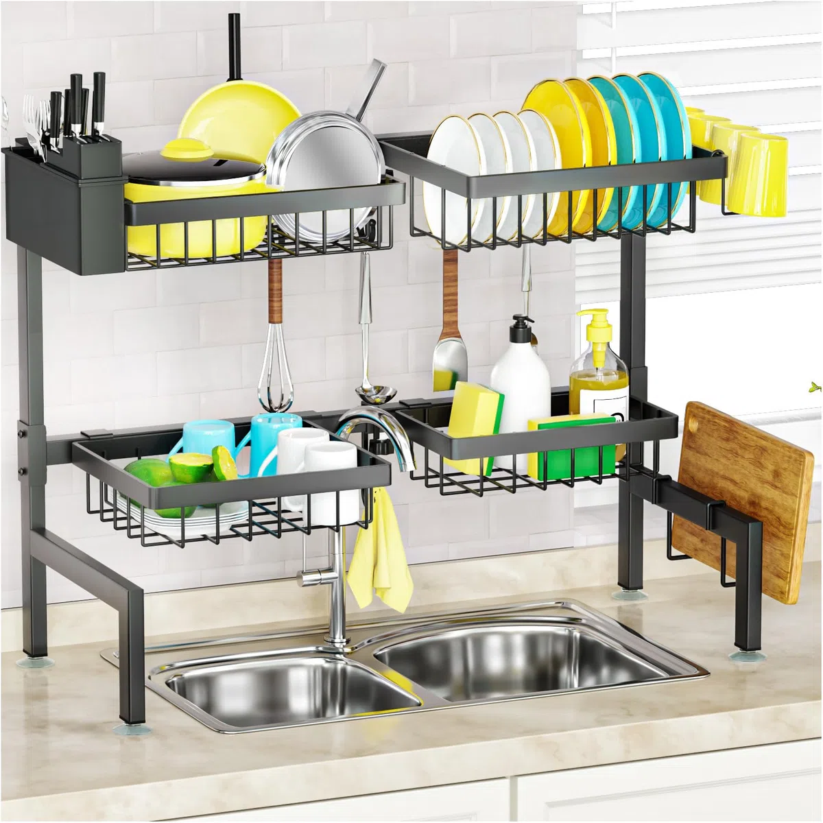SNSLXH Escurridor de Platos de 2 Niveles, 4 cestas sobre el Fregadero, 67.5 cm-89.9 cm, Estante Grande para Fregadero para Cocina, Extensible y Ajustable, Ahorra Espacio en la Cocina