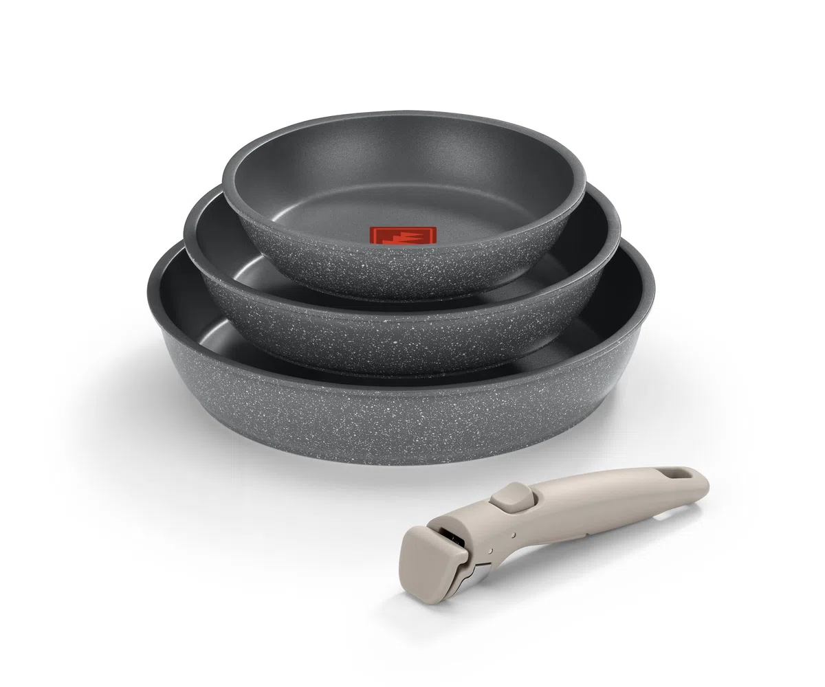 Monix One Click Pietra | Set 3 sartenes apilables, 20-24-26 cm, Antiadherentes, Mango desmontable, Indicador Temperatura Thermonix, Sin PFOA, Apta para todo tipo de Cocinas