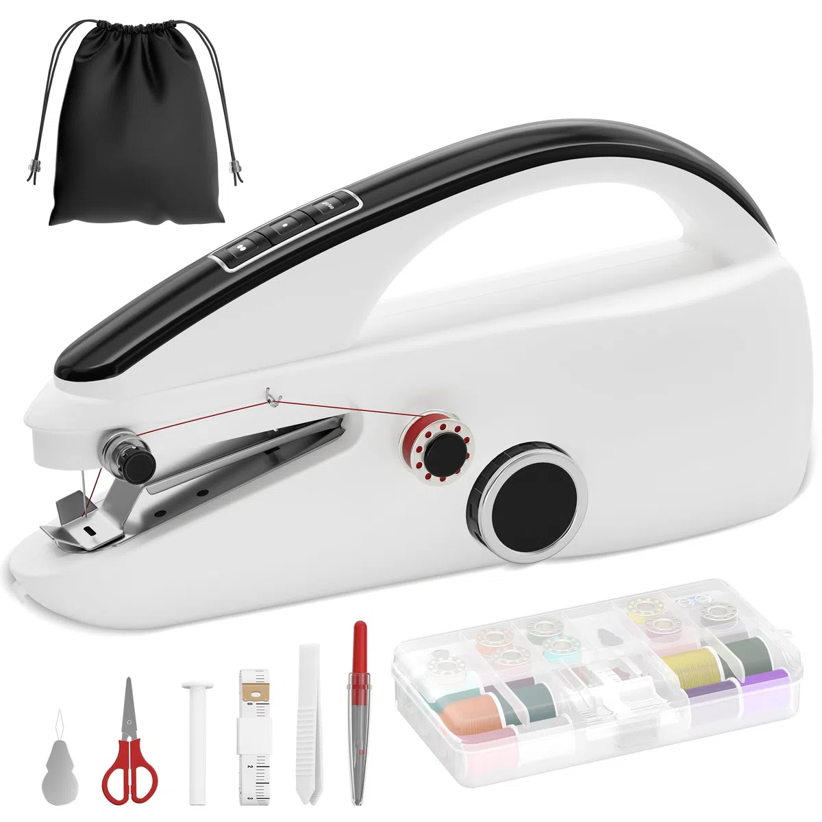 Máquina de coser de mano resistente y portátil, mini máquina de coser de 2 velocidades con kit de costura y bolsa de almacenamiento para principiantes, adultos, bricolaje, hogar, viajes