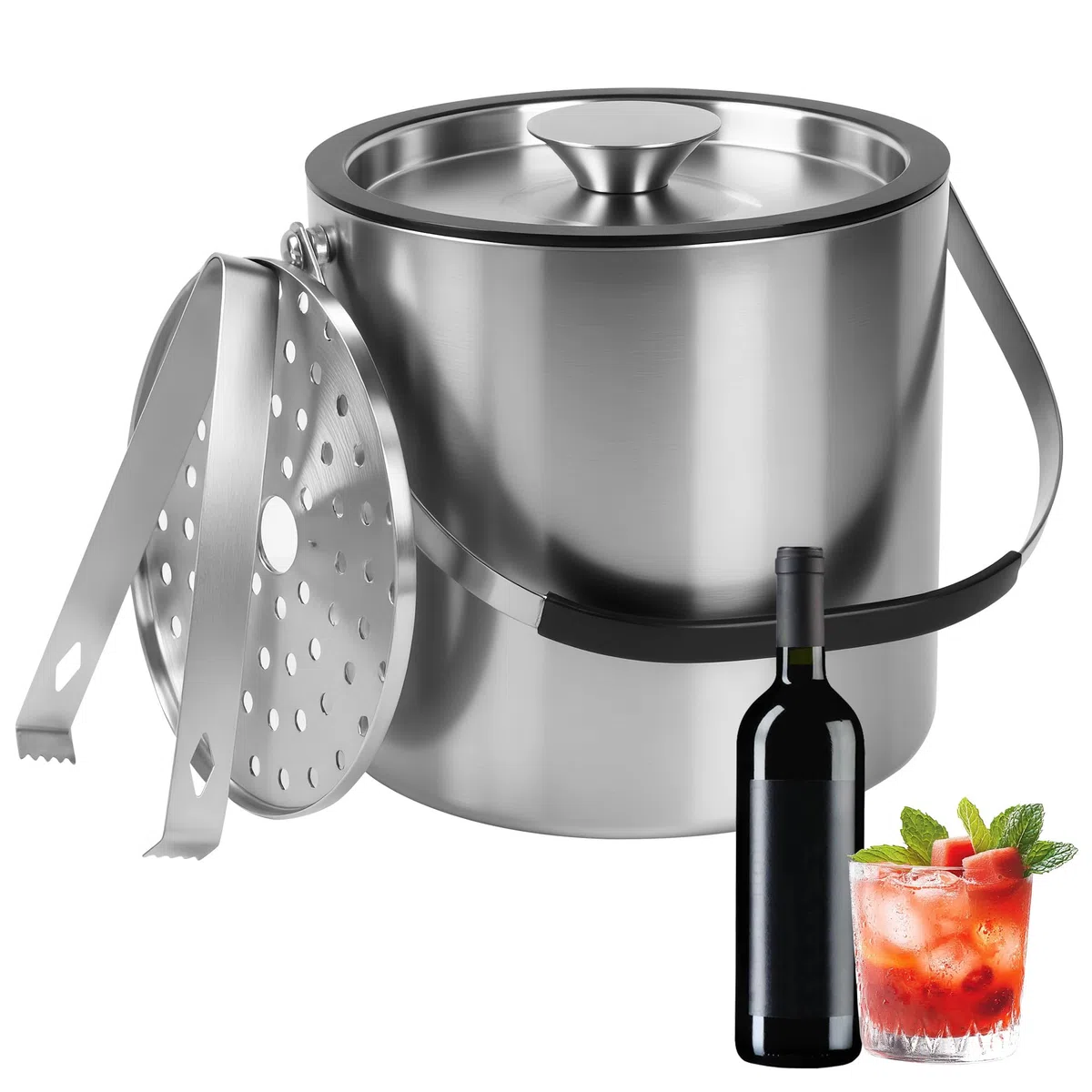 3litros Cubitera de Acero Inoxidable de con Clips y Colador,Cubeta para Hielo con Aislamiento de Doble Pared,para Fiestas, Ares, vinos refrigerados, Champán, Cerveza, Cócteles
