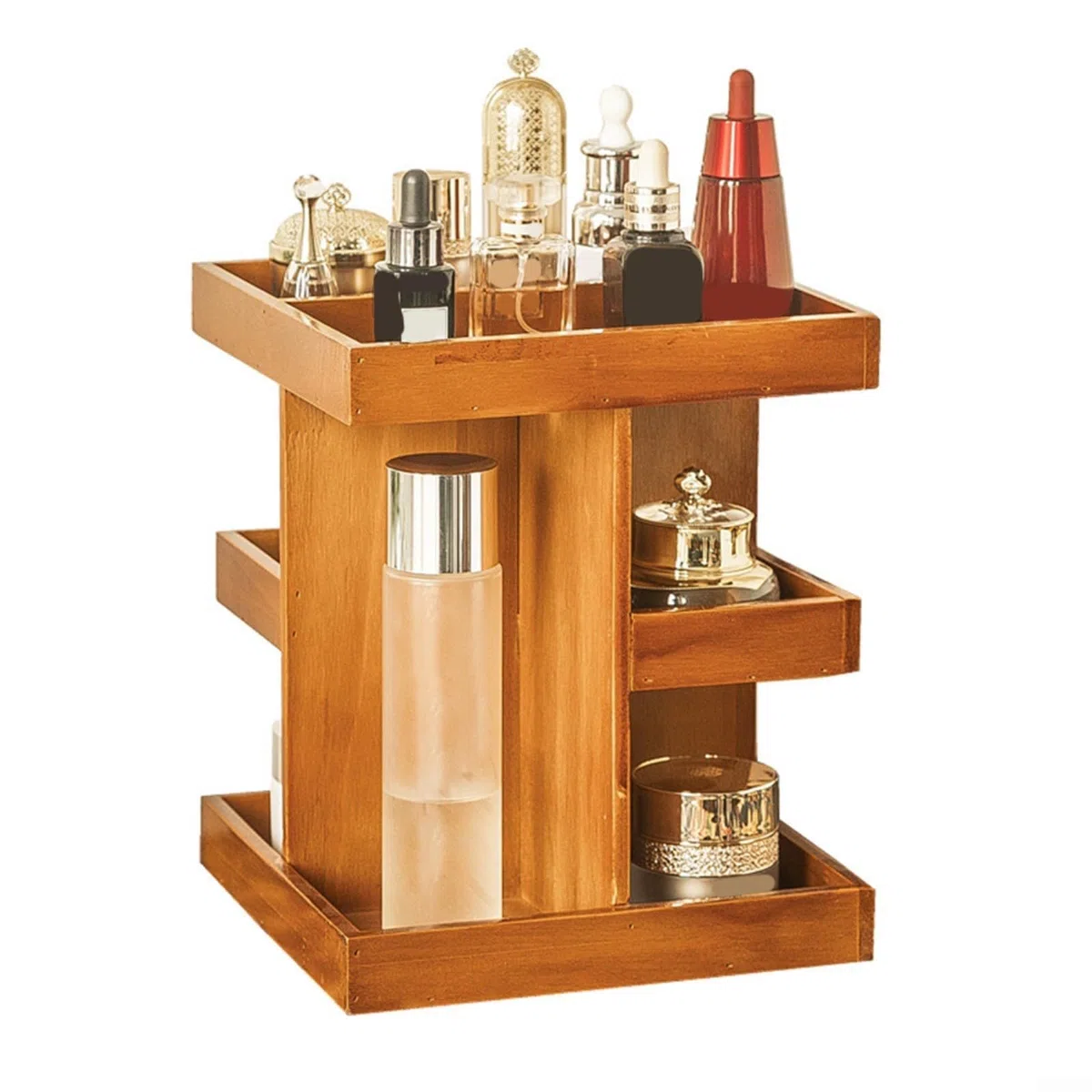 Organizador de perfume giratorio de 360° para hombre, soporte de reloj de colonia de madera de 3 niveles con bandeja de almacenamiento multicompartimento de gran capacidad para artículos