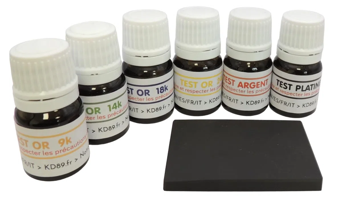 PROMO: probador de oro de 9,14,18,24K quilates + plata + platino - Kit de 6 viales listos para usar + probador de plata + probador de platino + piedra de toque natural de 45 x 40 mm + guía de