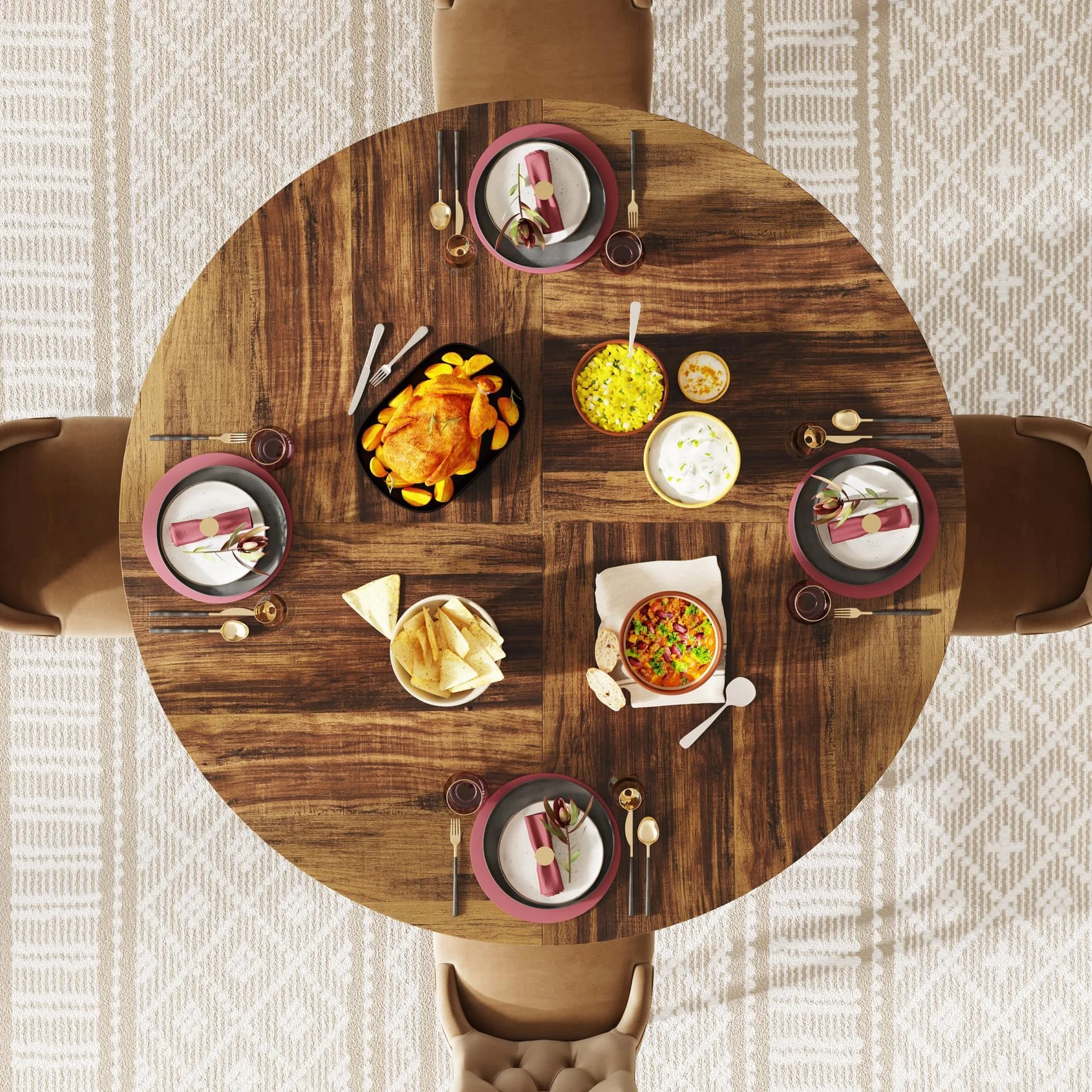 Tribesigns Mesa de Comedor Redonda para 4-6 Personas, 120 cm, Redonda, Mesa de Comedor Industrial con Base de Metal para Cocina, Salón, Color Negro y Marrón