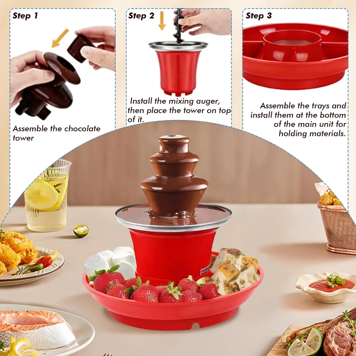 Fuente de chocolate de acero inoxidable de tres niveles, con función de fusión, fuente de chocolate eléctrica con 35 W, capacidad de 200 g para fiestas, cumpleaños y bodas