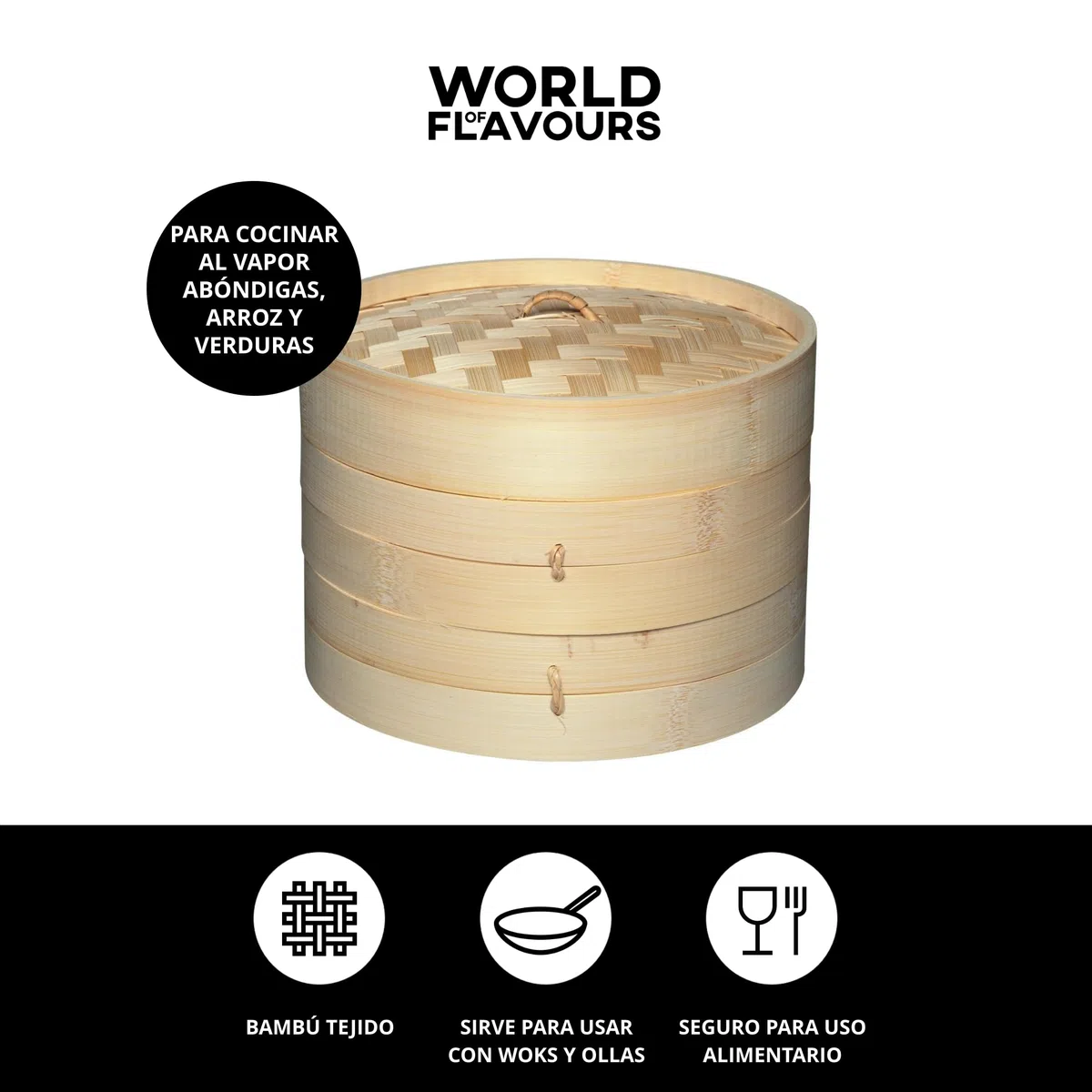 KitchenCraft: World of Flavours – Vaporera de Bambú de 2 Pisos, Color Beige, 20 cm