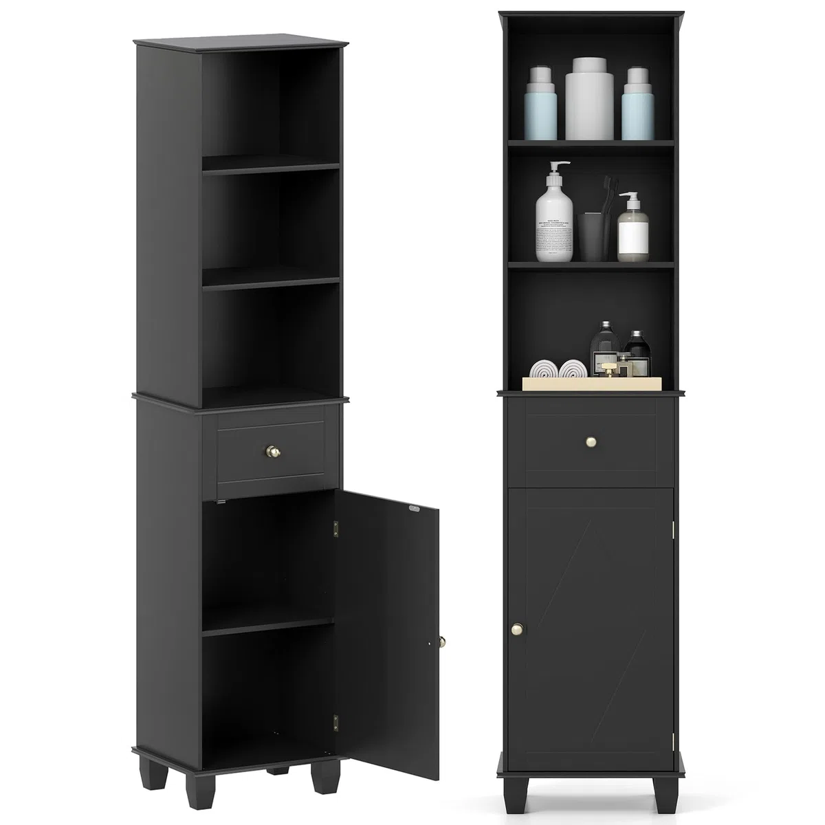LIFEZEAL Mueble de Baño para Ahorrar Espacio, Columna Alta y Estrecha con 1 Cajón, 3 Estantes Abiertos, 1 Puerta y Patas de Madera Maciza, Armario Aparador para Cocina, Baño y Salón (Negro)