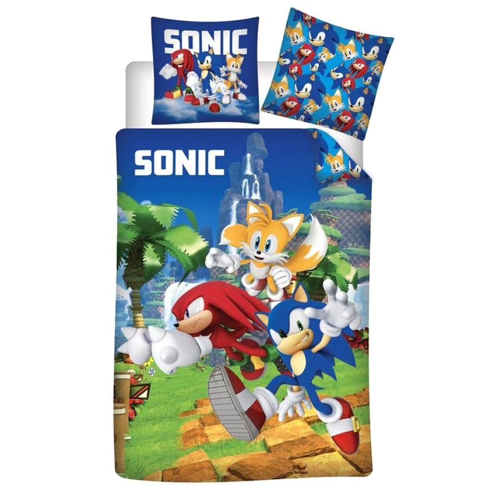 Sonic Tails Knuckles Funda Nórdica Cama 90 140x200 + Funda Almohada Botones | Ropa de cama ultra suave | Poliéster Oeko-Tex | SEGA oficial | Cierre botones | Niño | Regalo | Lavable a máquina