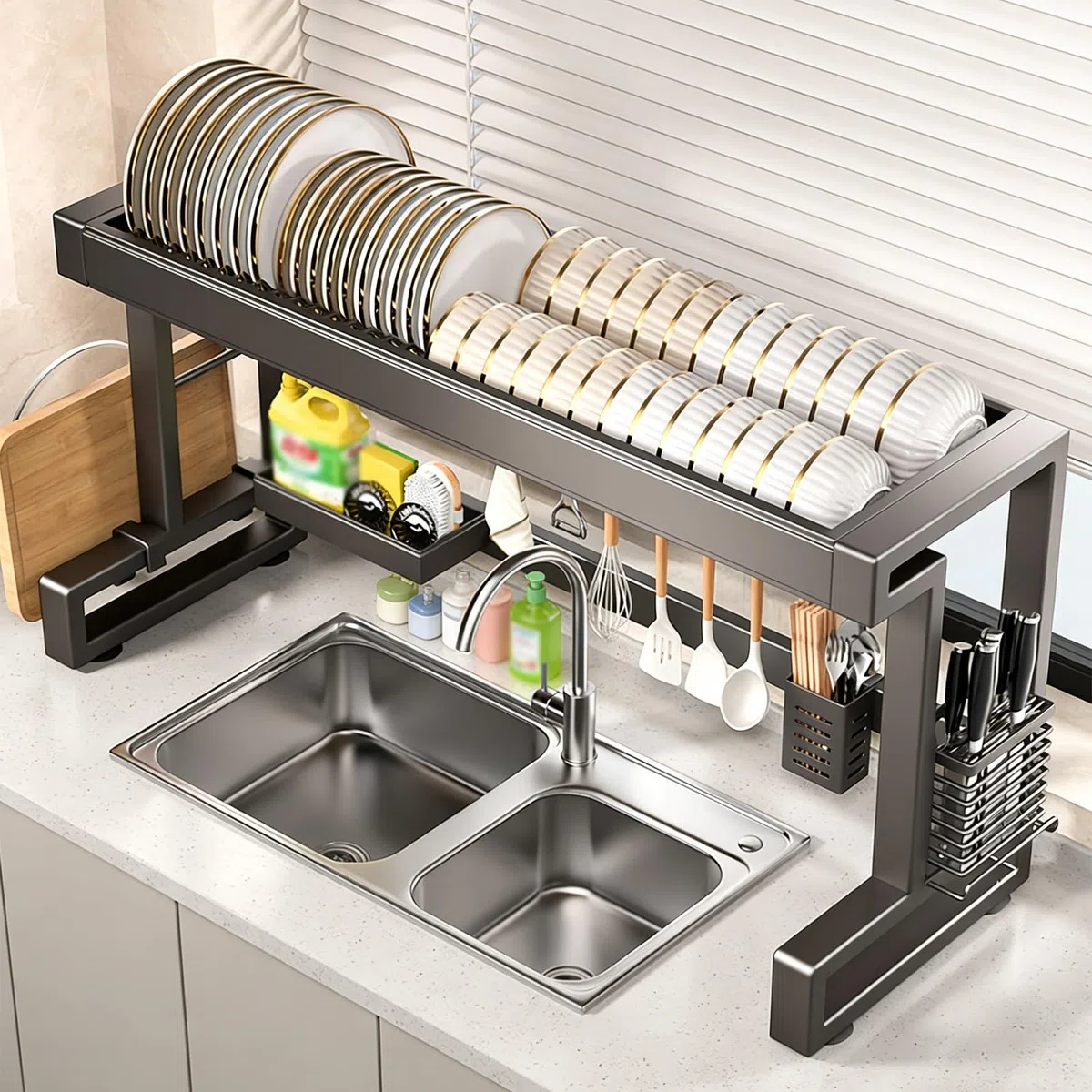 Escurridor de platos de acero inoxidable, soporte para utensilios de cocina, para almacenamiento y organización de cocina, para platos, vasos, cuencos y cubiertos