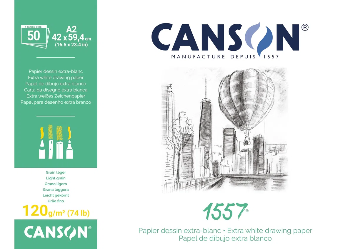 Canson 1557, Papel de boceto blanco, Grando ligero, 120g, Encolados por el lado largo, A2-42x59,4cm, Extra Blanco, 50 Hojas