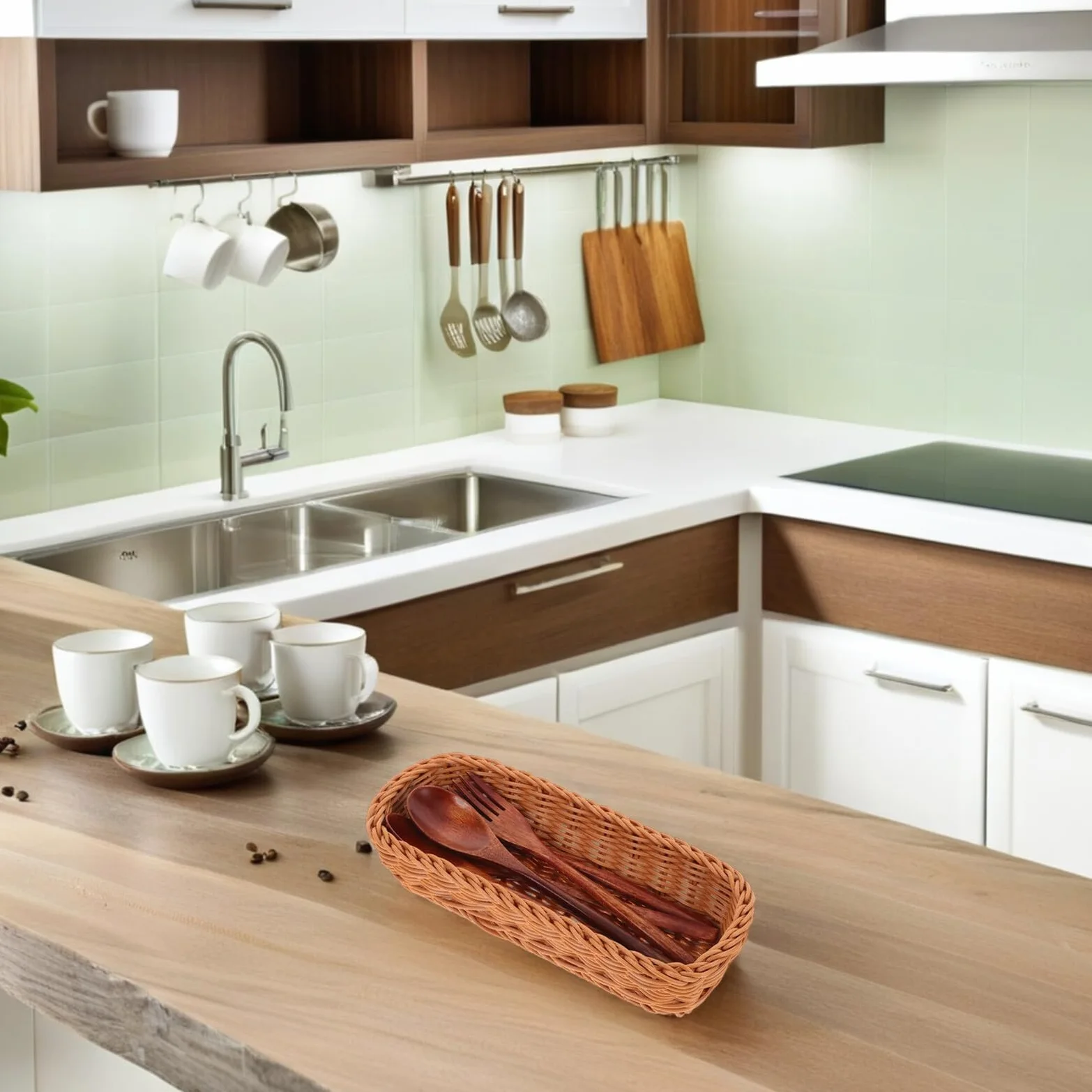 Mobestech Cesta de Ratán Sintético para Guardar Palillos y Cuchillos Organizador de Vajilla para Cocina Cesta para Cubiertos de Plástico para Almacenar Utensilios de Cocina