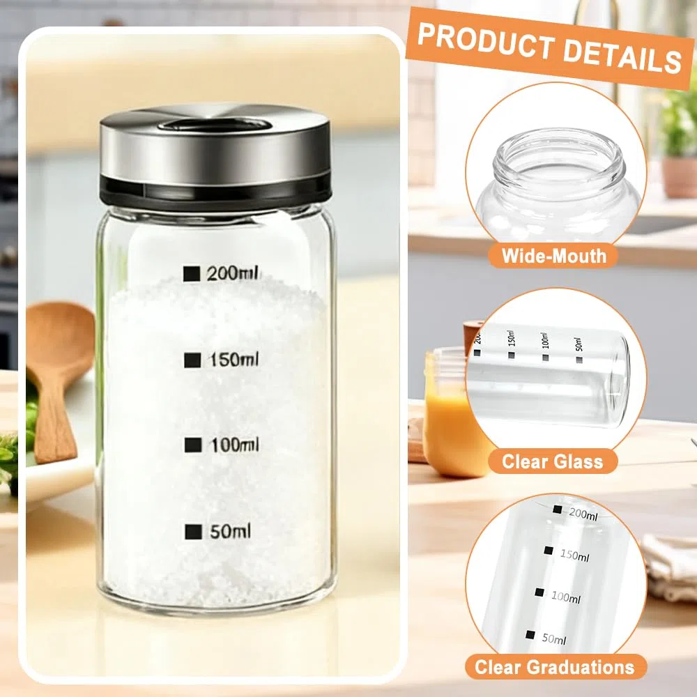 4 tarros de especias con tapa giratoria, 200 ml, salero y pimentero, tarros de especias con agujeros para especias, vidrio de borosilicato, para cocina, barbacoa, barbacoa y cocina