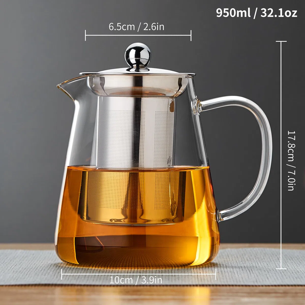 MESNEY Tetera de vidrio de borosilicato con mango resistente al calor, infusor de malla de acero inoxidable, apta para hojas sueltas y té floreciente