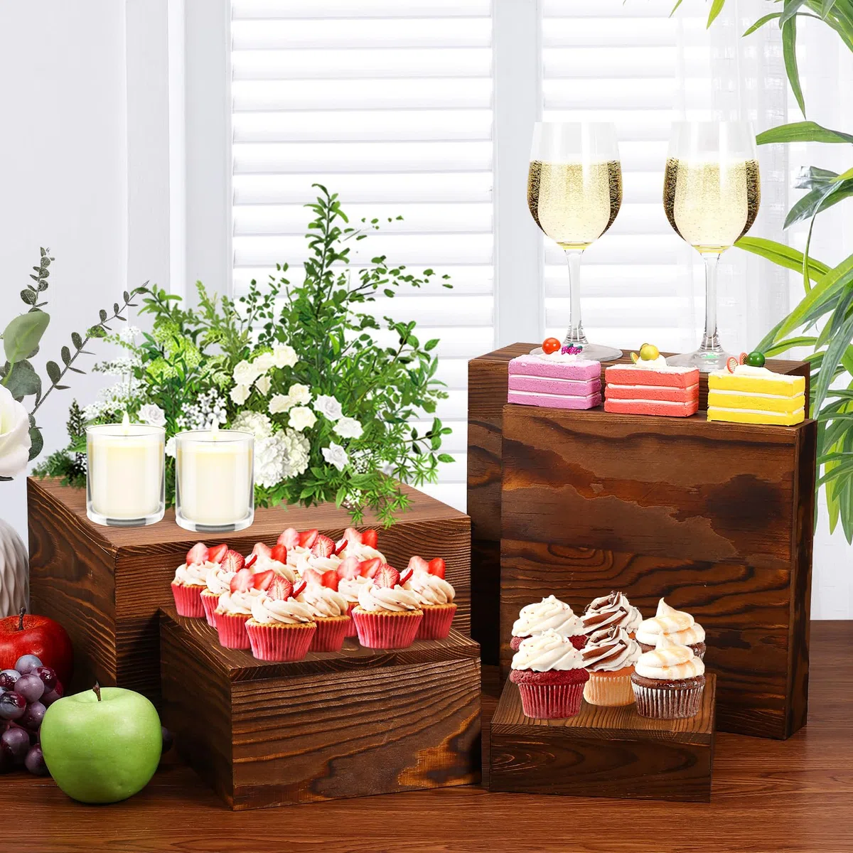 Paquete de 6 soportes de madera para exhibición, elevadores cuadrados de buffet para fiestas, soportes de madera para pasteles, soportes rústicos para cupcakes, cajas de madera para exhibición,