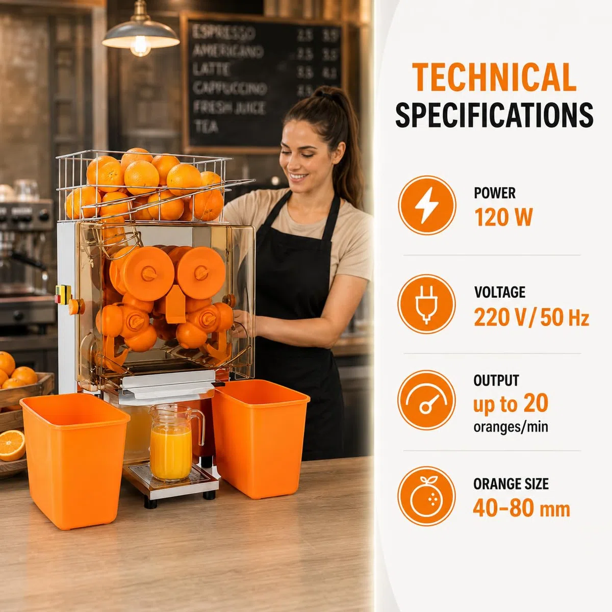 MAGIC SELECT Exprimidor de Naranjas Automático Profesional Hostelería | Máquina de Zumo Industrial, 120W, 20 Naranjas/min, Acero Inoxidable y Doble Cubo, Para Bar y Restaurante