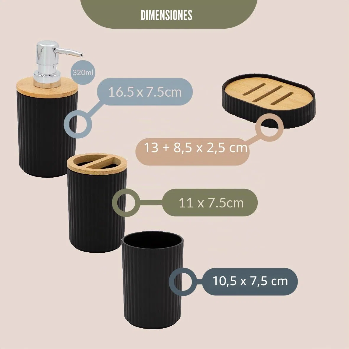 Juego de accesorios de baño Anika/Juego moderno de accesorios esenciales de baño/Incluye soporte para cepillo de dientes, cubo de basura, escobilla de baño, vaso, plato de jabón y dispensador de jabón