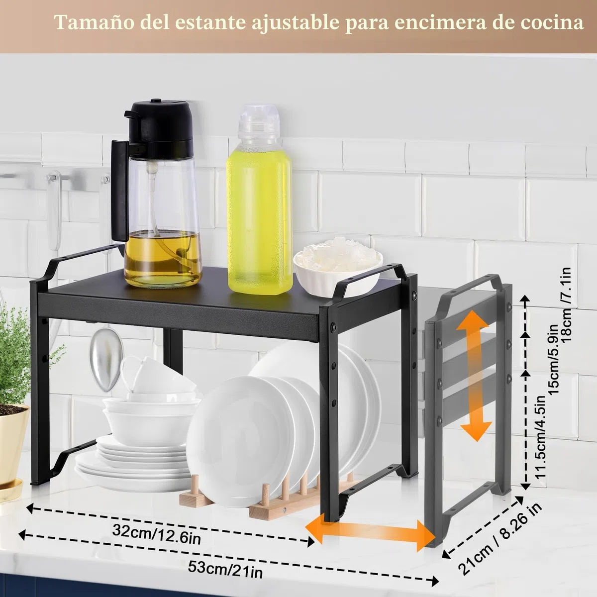 Estantería Cocina, Estantería Extensible 32-53 cm, Estante de Armario Expandible de Alta Resistencia, Organizador de Especias con 3 Configuraciones de Altura para Organizador de Armario de Cocina