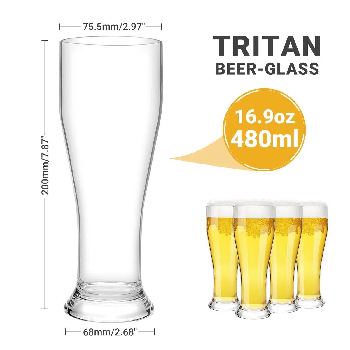 HAHASHOW Vasos de Cerveza Irrompibles, 480ml Tritan Vasos de Agua de Plástico Transparentes, Jarra de Cerveza Para Fiesta de Camping, Taza de Agua Juego de 2