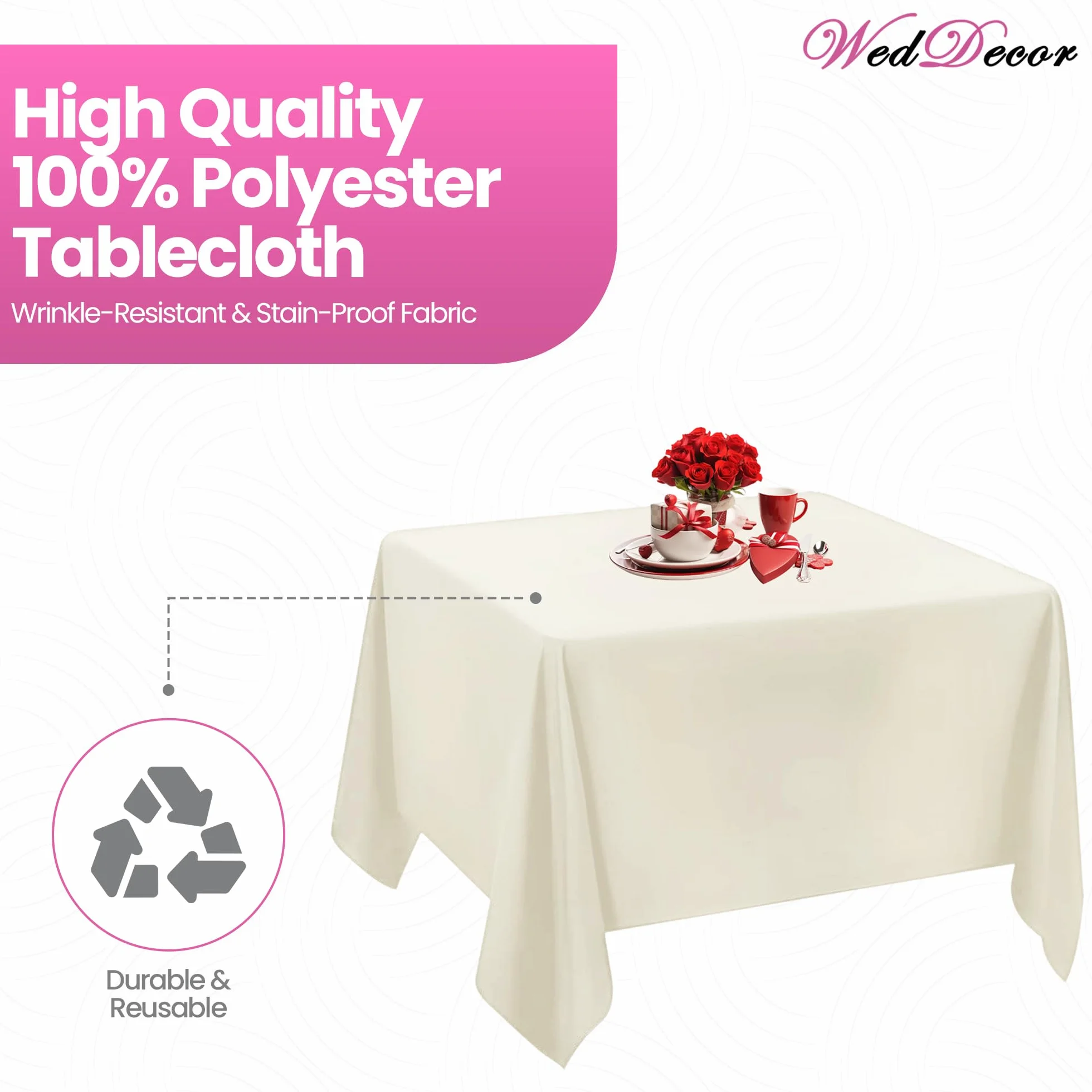 Weddeor weddecor – 90 x 90 cm Cuadrado Blanco Mantel de algodón de poliéster para Boda, Fiesta de cumpleaños Muestra Eventos Banquetes y restaurantes, Tela, 54" X 54"- Ivory, 10