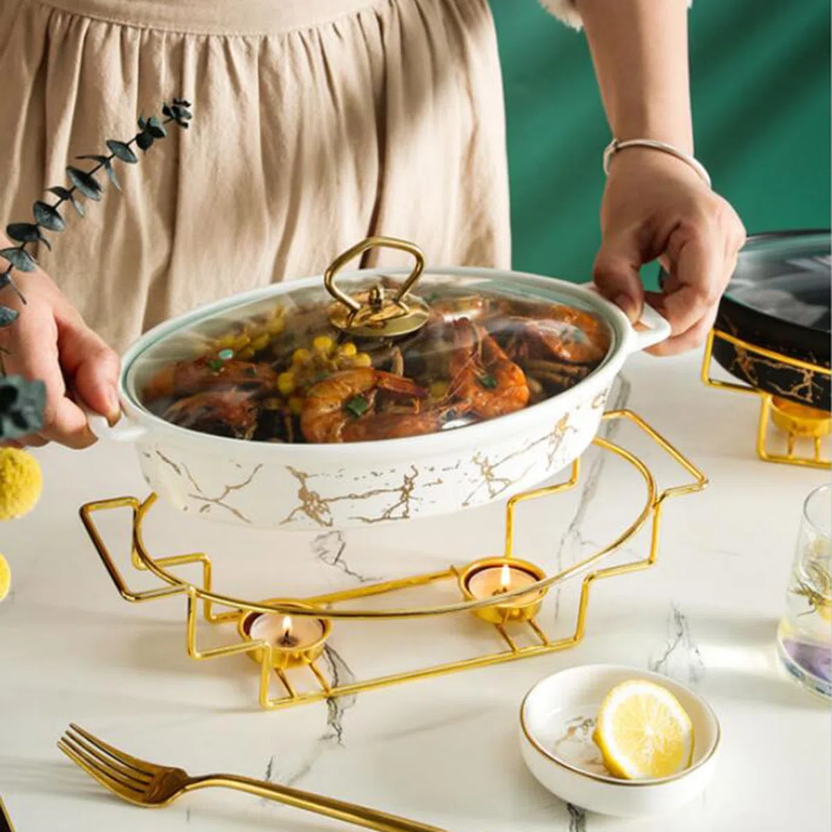 Chafing Dish Buffet Set, Chafer de cerámica con acabado de mármol de imitación, Chafer y Buffet Warmer Set para bodas buffet, fiestas, banquetes, eventos de catering (white,M)