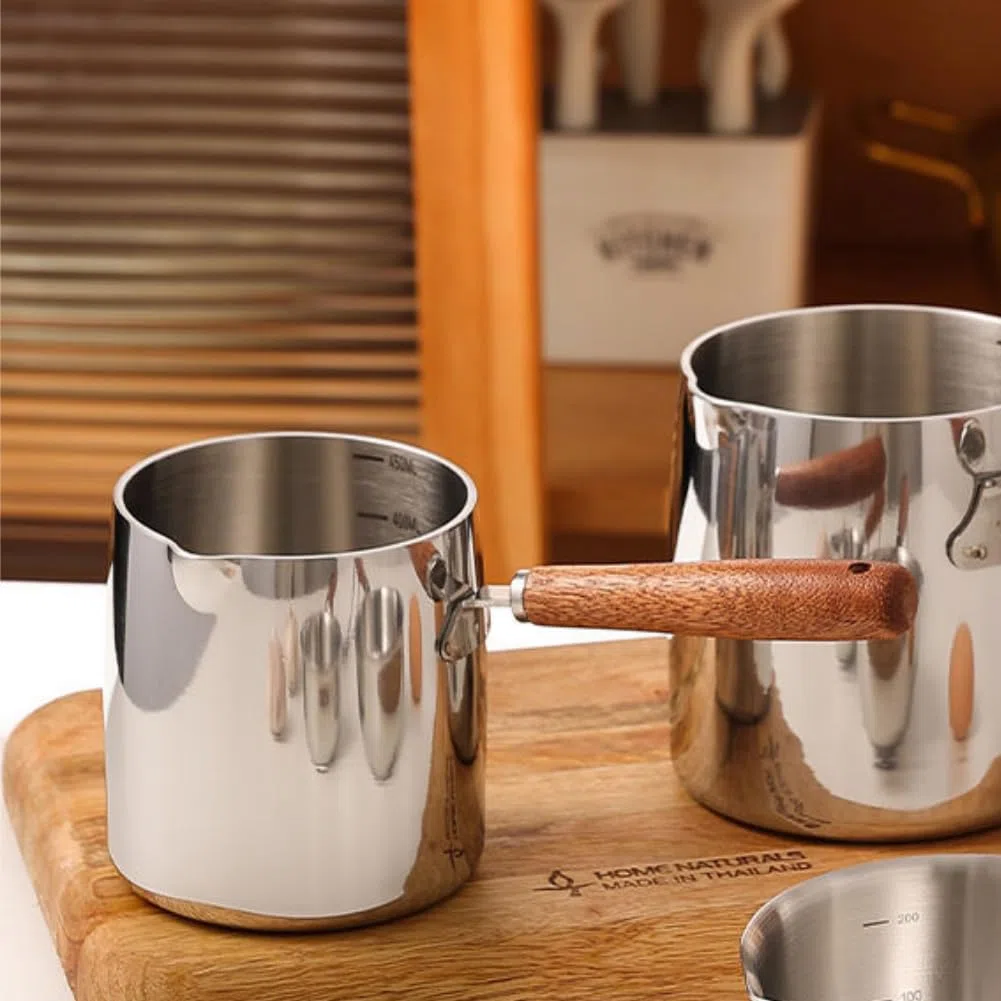 Tissting Cacerola Pequeña, Cacerola de Acero Inoxidable con Mango de Madera y Fondo Plano para Inducción para Derretir Mantequilla Chocolate Salsa Leche en Cocina Hogar