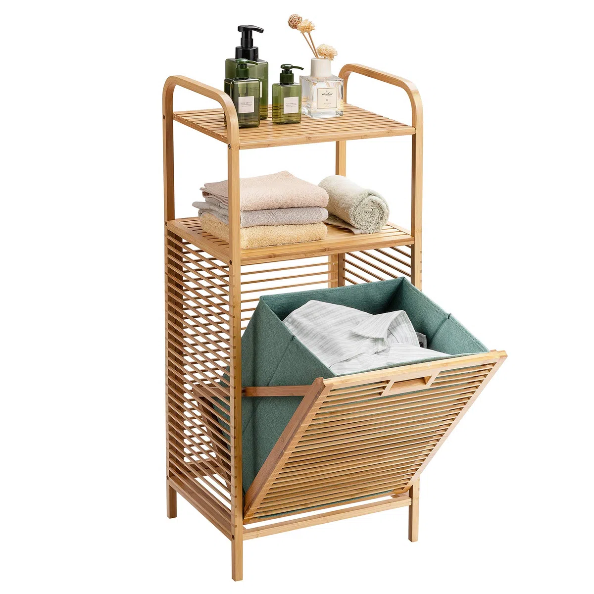 COSTWAY Estantería de Baño con Cesto para Colada, Mueble Ropa Sucia, 2 Estantes Abiertos para Baño Lavandería y Armario, 40,5x33x95,9 cm