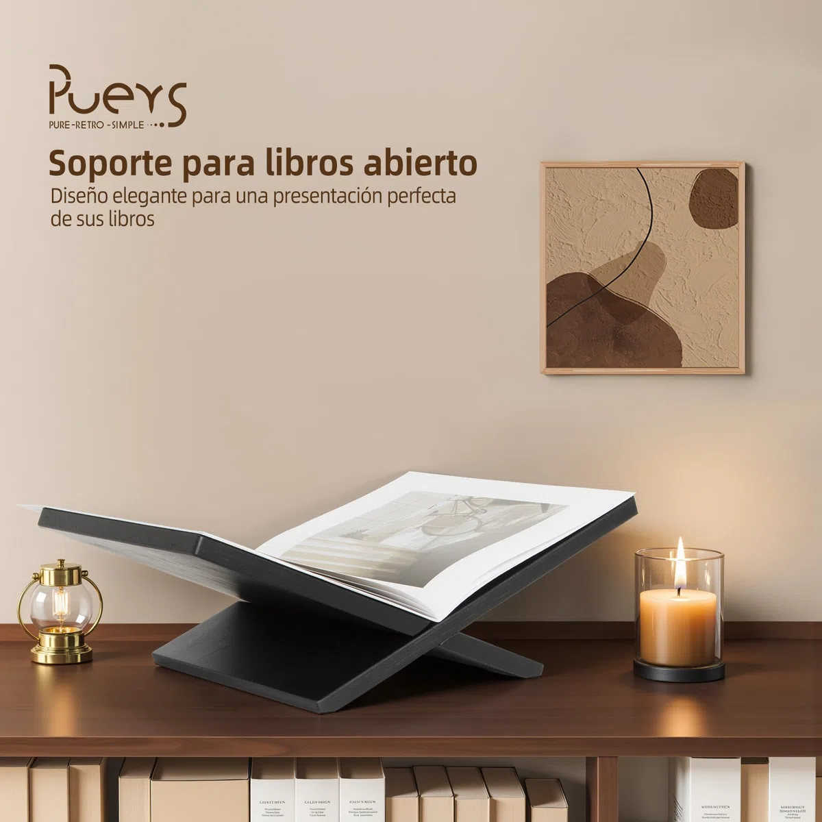 PUERSI Soporte Libros Abierto, Atril para Libros Grande de Madera, Soporte para Mesa de Centro, Caballete Expositor para Revistas, Arte, Libros de Cocina, Biblias y el Corán – Negro