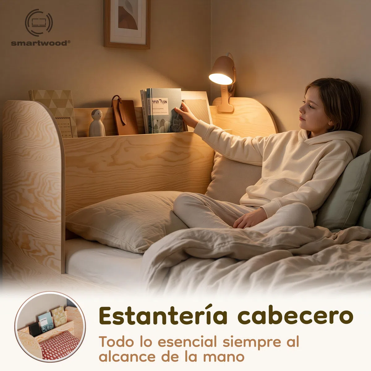 smartwood Cama Infantil 90x190 cm con Cajón, en Madera de Pino, Flou D | incl. Cajón, Cabecero con Estante, Somier hasta 230 kg, en Madera de Pino FSC, Cama Juvenil para Niñas & Niños desde 3 años