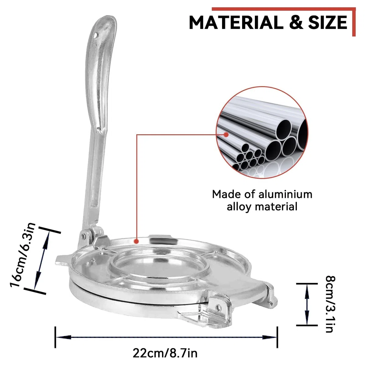 Prensa de tortilla de hierro fundido, aleación de aluminio Tortilla Maker harina Tortilla Pizza Making Machine para cocina 22 * 16CM