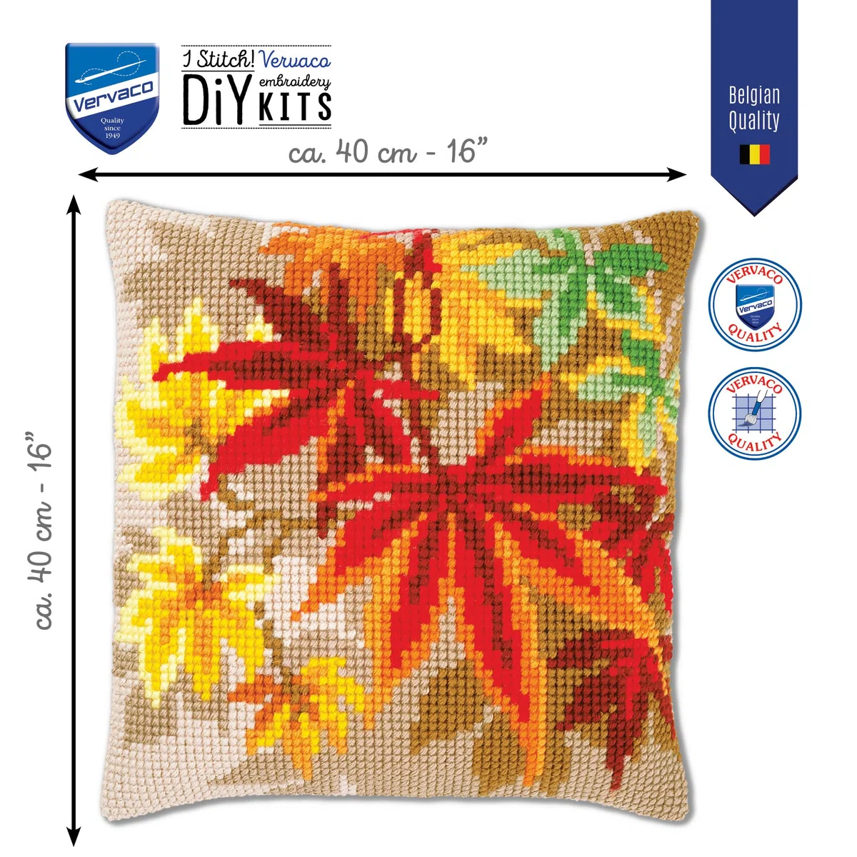 Vervaco Punto De Cruz Kit Cojin Decorativo HOJAS DE OTOÑO Manualidades Adultos Decoracion Bordar Kit Principiantes Completo DIY Bordado Creativo Regalo ca. 40x40 cm Cross Stitch Embroidery