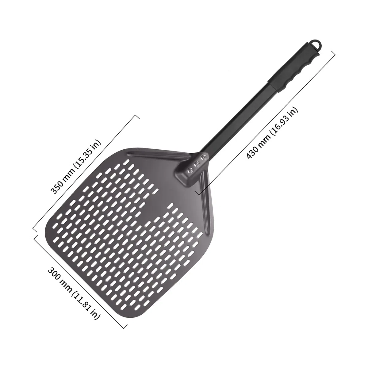 Pala para pizza perforada de 30 x 39 cm, pala de aluminio para pizza, pala de pizza negra con mango largo, superficie grande y mango extraíble