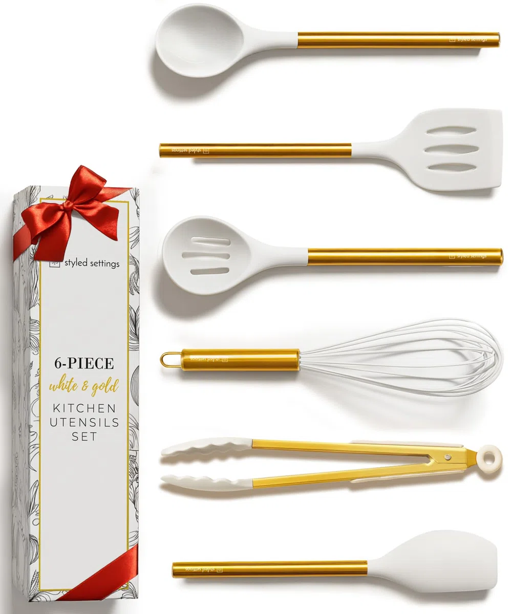 Styled Settings White and Gold - Juego de utensilios de cocina de silicona de 6 piezas con espátula, batidor, pinzas, cuchara y volteador, antiadherentes, sin BPA, accesorios de cocina dorados