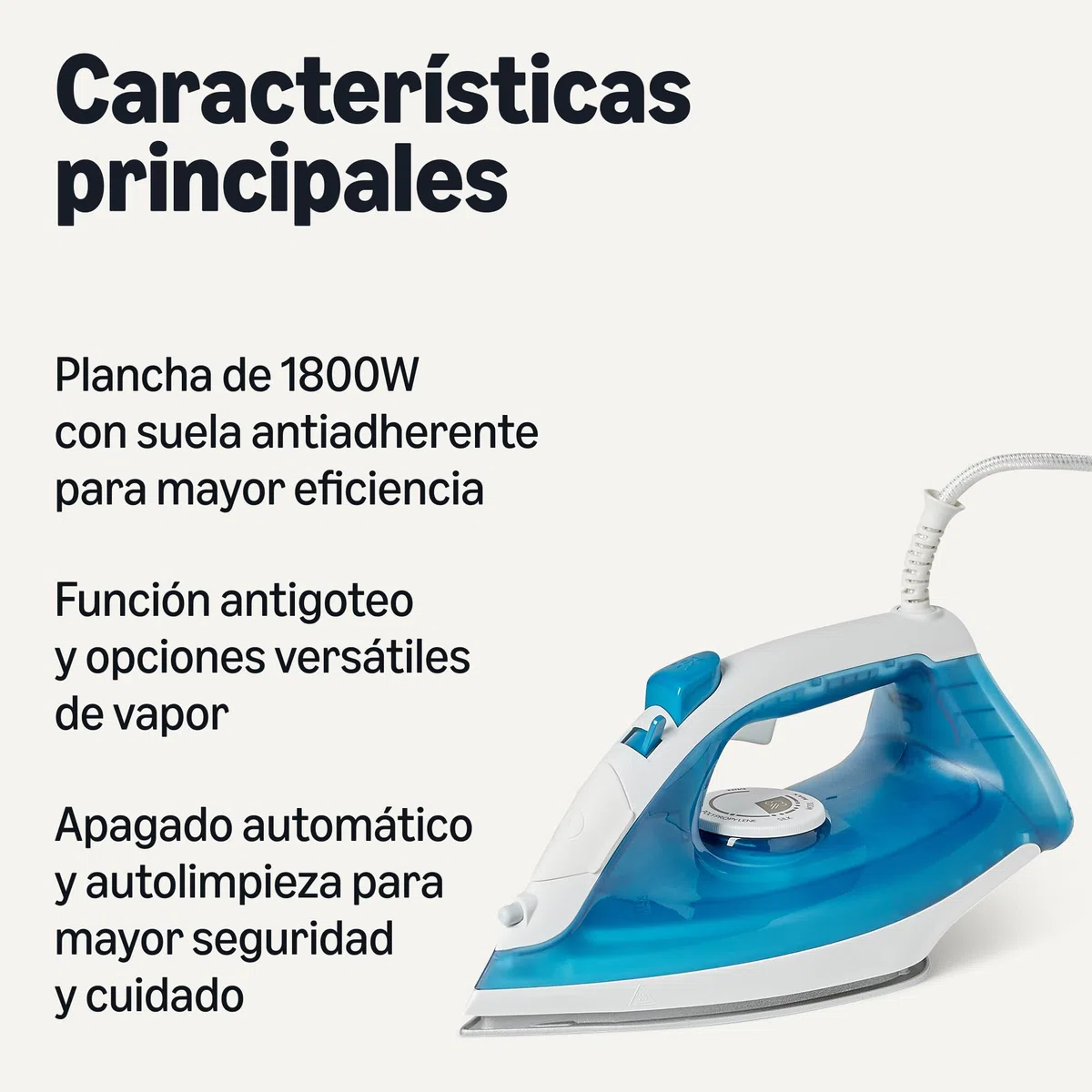 Amazon Basics Plancha de Vapor con Suela Antiadherente, 1800W, Vapor Continuo de 20g, Depósito de 200ml, Azul