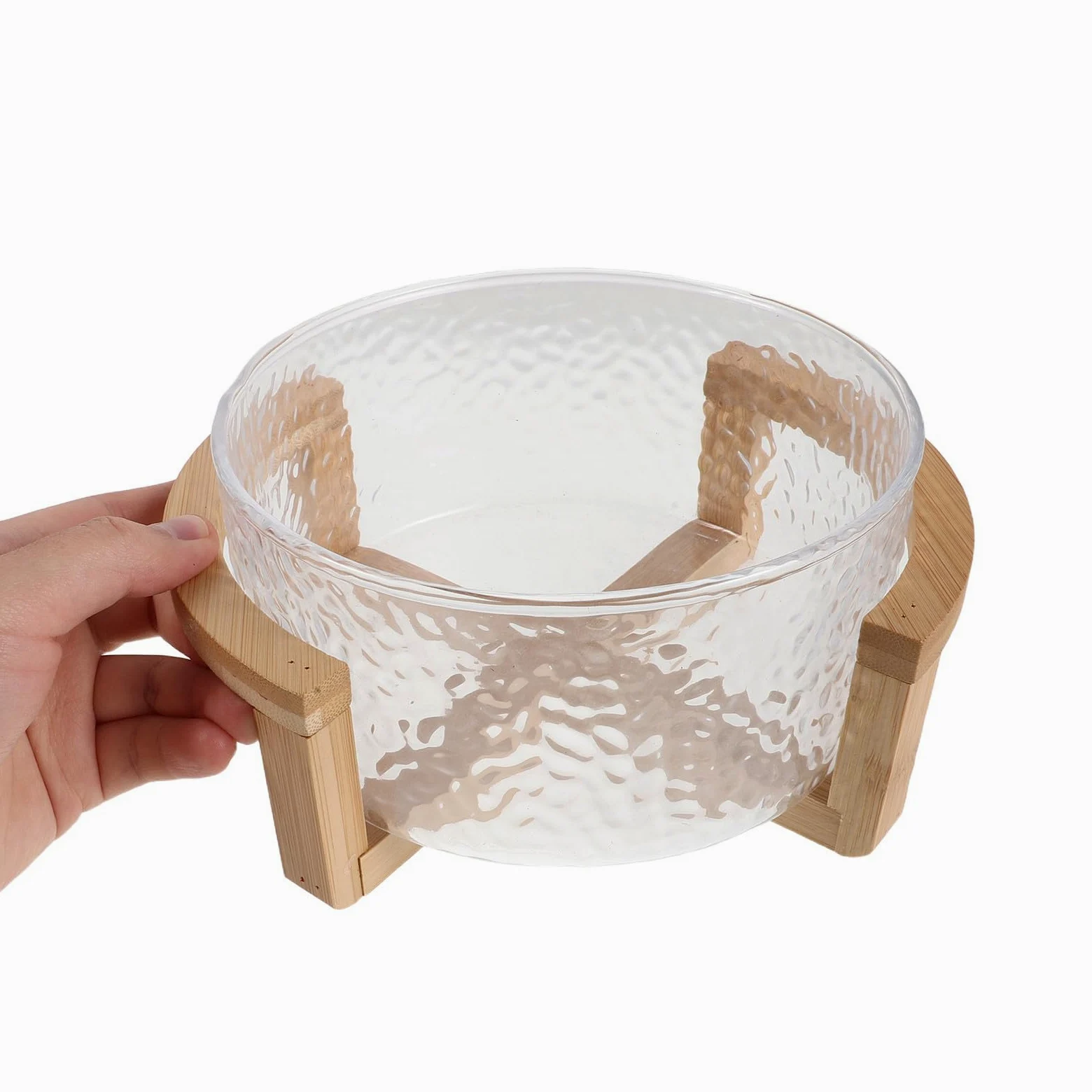 Bol para Ensalada de Vidrio con Soporte de Bambú Seguro, Tamaño 21x17.5x10cm, Diseño Elegante y Versátil para Servir Postres y Fiestas
